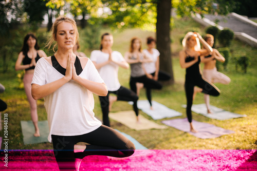 Group of yogini women are standing on yoga mats and balancing on one leg in pose tree in park on summer sunny morning with coach. Group of people are practicing yoga standing in Vrksasana exercise