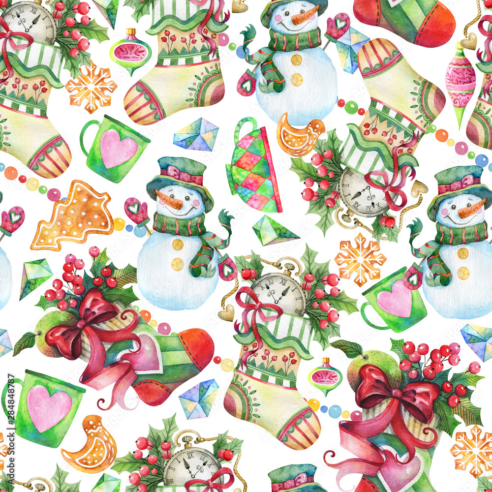 Seamless watercolor christmas pattern of snowmen, socks for gifts, cups, crystals and gingerbread cookies.