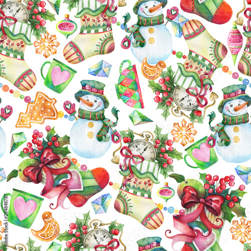 Seamless watercolor christmas pattern of snowmen, socks for gifts, cups, crystals and gingerbread cookies.