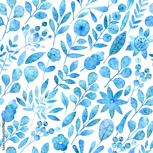 Seamless watercolor pattern of simple silhouettes of blue flowers.