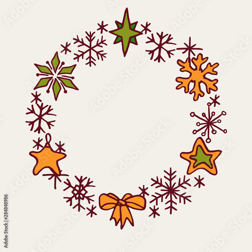 Christmas doodle stars and snowflakes wreath