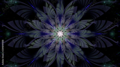Abstract fractal background with large star like space flower with intricate decorative geometric pattern and intricate petals  all in glowing purple green