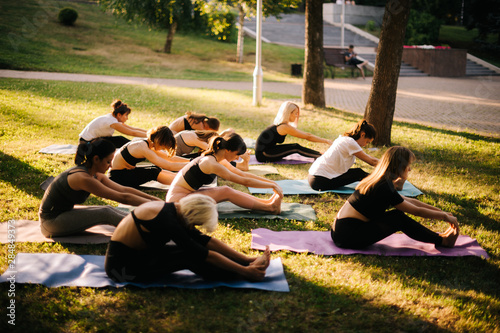 Fototapeta Naklejka Na Ścianę i Meble -  Group of young women stretching her legs on yoga mat in park on summer sunny morning under guidance of instructor. Group of girl outdoors is sitting on green grass.