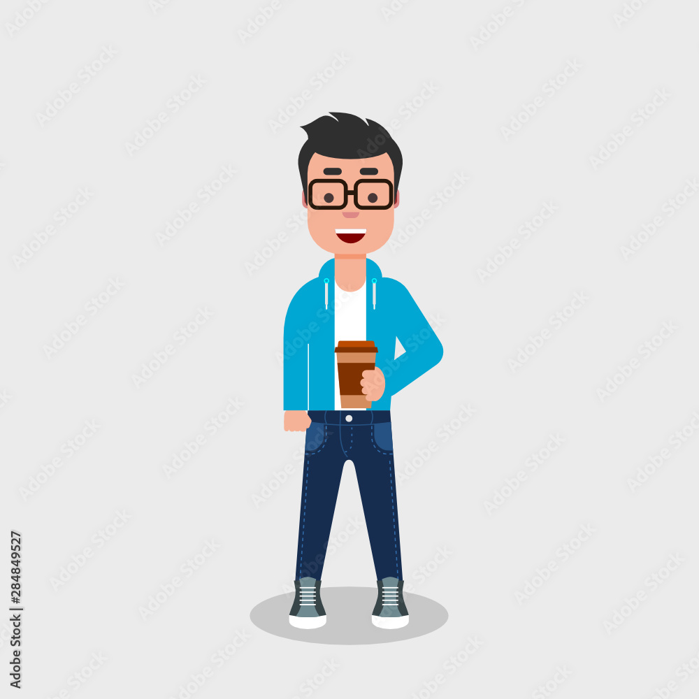 Young hipster with coffee to go in hand. Geek enjoys drink in a disposable paper cup. Young smiling casual dressed man drinking cappuccino, tea or espresso. Vector illustration, flat style, clip art.