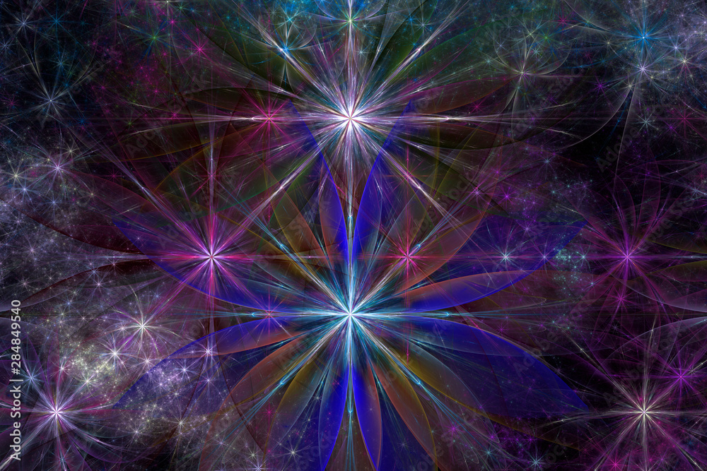Abstract fractal background with a large star like space flowers intricate decorative stars, all in glowing purple,pink,blue Abstract fractal background with a large star like space flowers intricate decorative stars, all in glowing purple,pink,blue