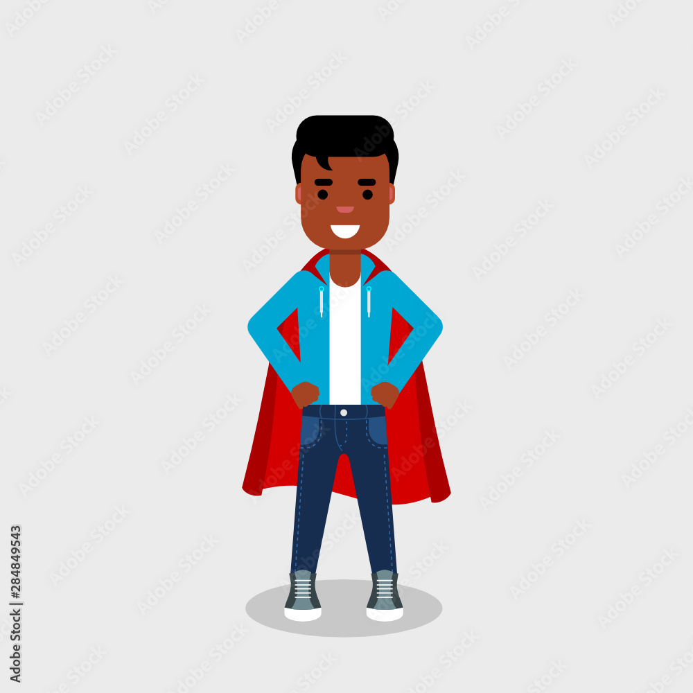 Young African American man wearing a superhero costume. Self confidence, self esteem, proud, concept. Smiling character in super hero pose with a red cloak. Vector illustration, flat style, clip art. 