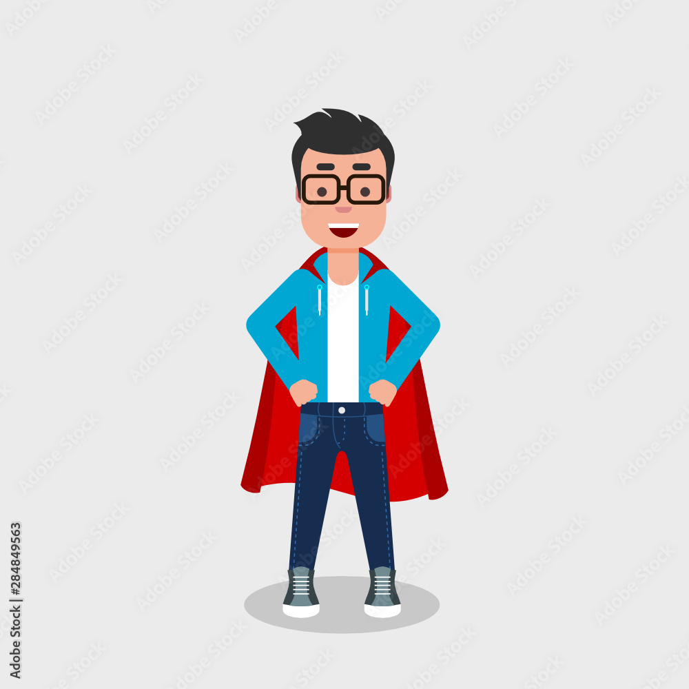 Young cheerful man wearing a superhero costume. Self confidence, self esteem, proud, concept. Smiling character in super hero pose with a red cloak. Vector illustration, flat style, clip art.