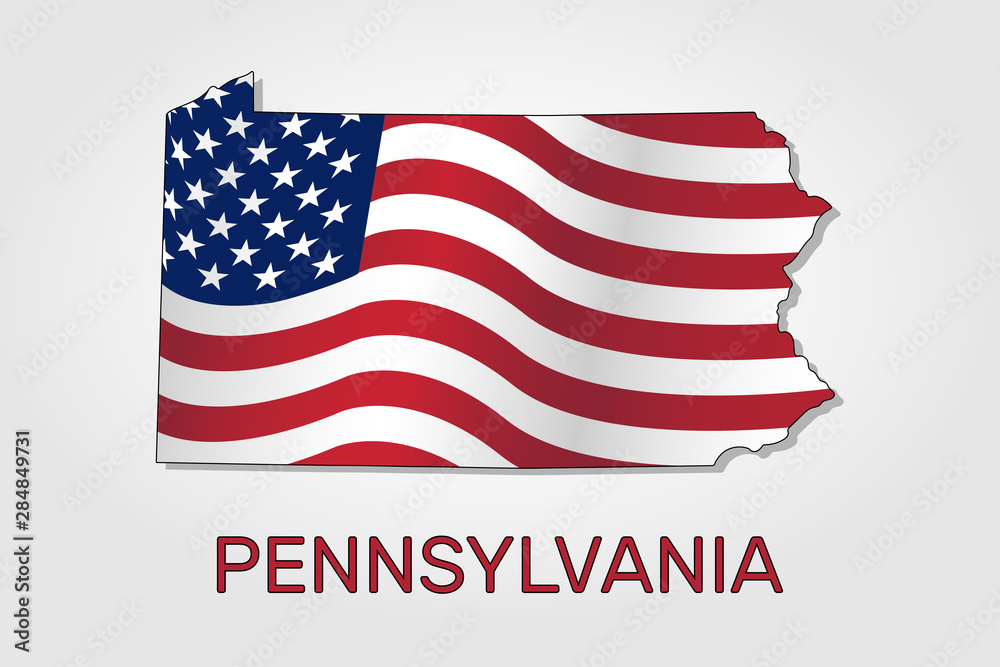 Map of the state of Pennsylvania in combination with a waving the flag of the United States. Pennsylvania silhouette or borders for geographic themes - Vector Map of the state of Pennsylvania in combination with a waving the flag of the United States. Pennsylvania silhouette or borders for geographic themes - Vector