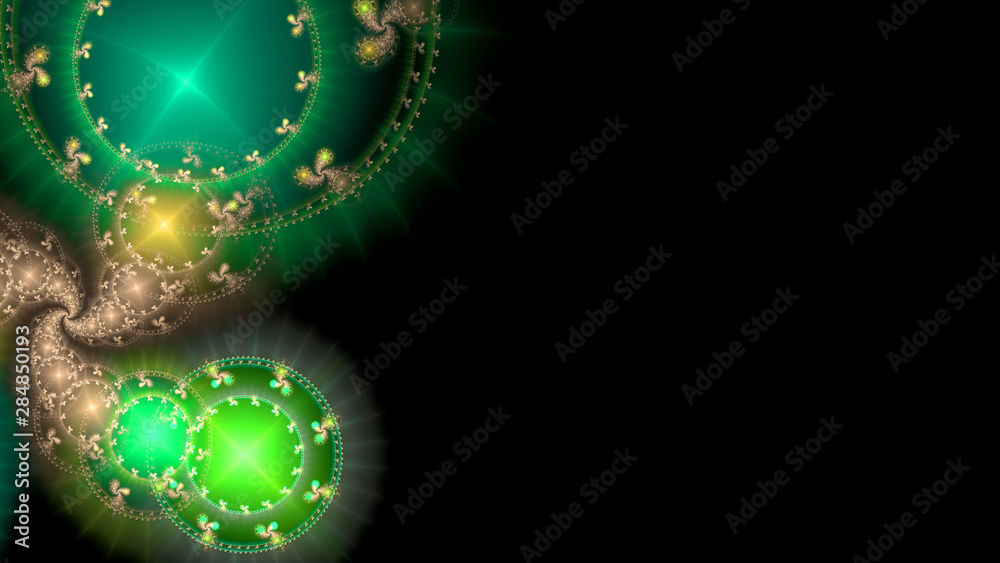 Abstract fractal background of stars with decorative discs and various patterns forming a large decorative spiral in green,blue,yellow Abstract fractal background of stars with decorative discs and various patterns forming a large decorative spiral in green,blue,yellow