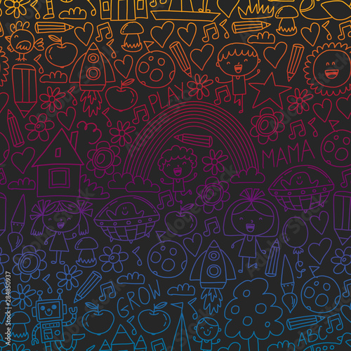 Painted by hand style pattern on the theme of childhood. Vector illustration for children design. Drawing with colored chalk on a school blackboard.