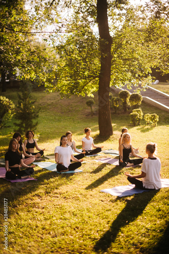 Fototapeta Naklejka Na Ścianę i Meble -  Group of young women meditate in city park on summer sunny morning under guidance of instructor. Group of peaceful people are sits and meditate outdoors in lotus pose on grass with closed eyes