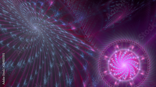 Abstract spiraling stars and large twisted spirals and rings in glowing pink,blue,violet © Anei