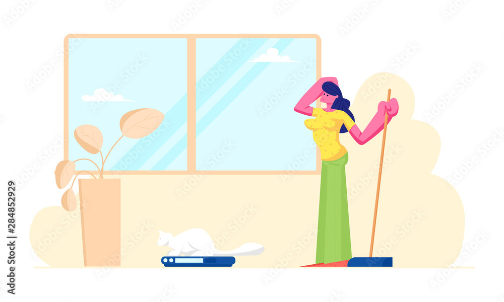 Obraz premium Smart Technologies in Human Life. Woman Use Robot in Household Chores, Automated Vacuum Cleaner Doing Housework. Internet of Things Automation, Artificial Intelligence Cartoon Flat Vector Illustration