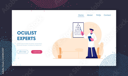Doctor Checking Eyesight Website Landing Page. Oculist Stand at Vision Test Chart with Pointer Checkup Patient Eye Sight. Professional Optician Exam Web Page Banner. Cartoon Flat Vector Illustration
