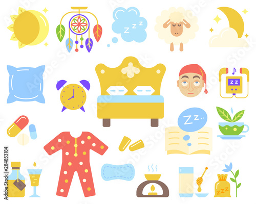 Insomnia awake sleepless flat color vector set