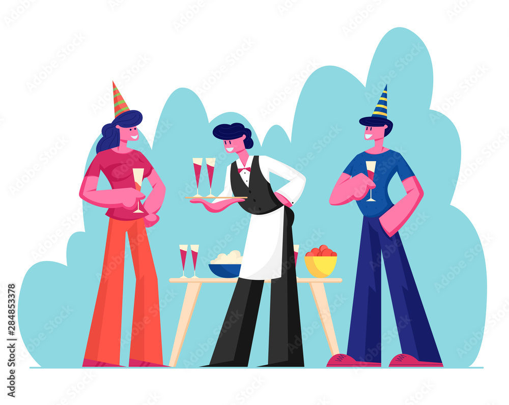 People Celebrating Party. Man and Woman Wearing Festive Hats Holding Glasses with Alcohol Drink Celebrating Holiday, Waiter Serving Guests Carrying Tray with Beverages Cartoon Flat Vector Illustration People Celebrating Party. Man and Woman Wearing Festive Hats Holding Glasses with Alcohol Drink Celebrating Holiday, Waiter Serving Guests Carrying Tray with Beverages Cartoon Flat Vector Illustration