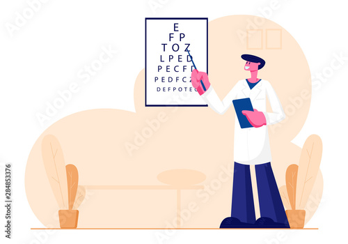 Oculist Stand at Vision Test Chart with Pointer for Patient Checkup Eye Sight. Doctor Checking Eyesight for Eyeglasses Diopter. Professional Optician Exam Treatment Cartoon Flat Vector Illustration