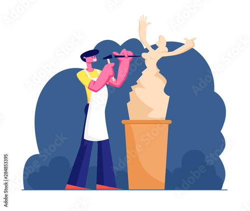 Young Man Sculptor Working on Sculpture Making Female Figure of Stone or Marble. Craft Hobby and Creative Profession. Talented Artist Carver Creative Artistic Hobby Cartoon Flat Vector Illustration