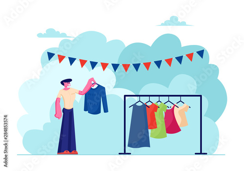 Male Character Choose Clothing to Buy during Outdoor Garage Sale Event. Man Watching Different Old Clothing on Hanger at Weekend Fair, Spare Time Recreation, Leisure Cartoon Flat Vector Illustration
