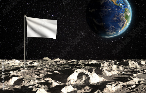 The surface of the moon with a blank state flag and the planet Earth on a background of the starry sky. Creative conceptual illustration. 3D rendering with copy space.
