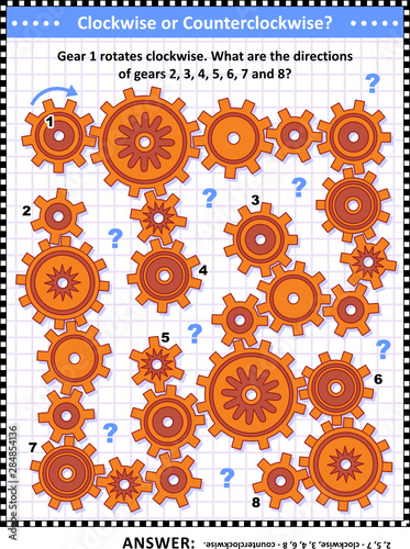 IQ and spatial skills training visual puzzle with gears rotating clockwise and counterclockwise. Answer included.