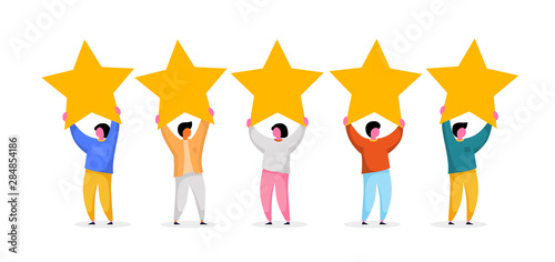 Five stars rating flat style vector concept. People are holding stars. Feedback consumer or customer review evaluation, satisfaction level and critic background.