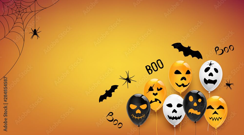 Banner halloween, balloons with scary emotions silhouette spider and bat, boo inscription. Vector illustration.