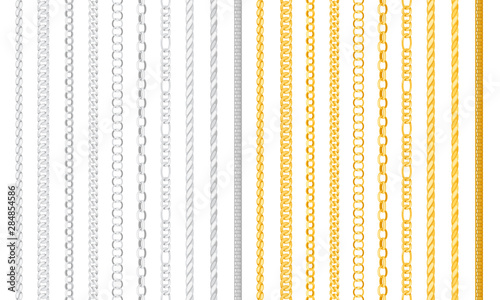 Seamless chain borders. Gold and silver chains elements, vector golden jewellery endless objects for necklaces and chains isolated on white background