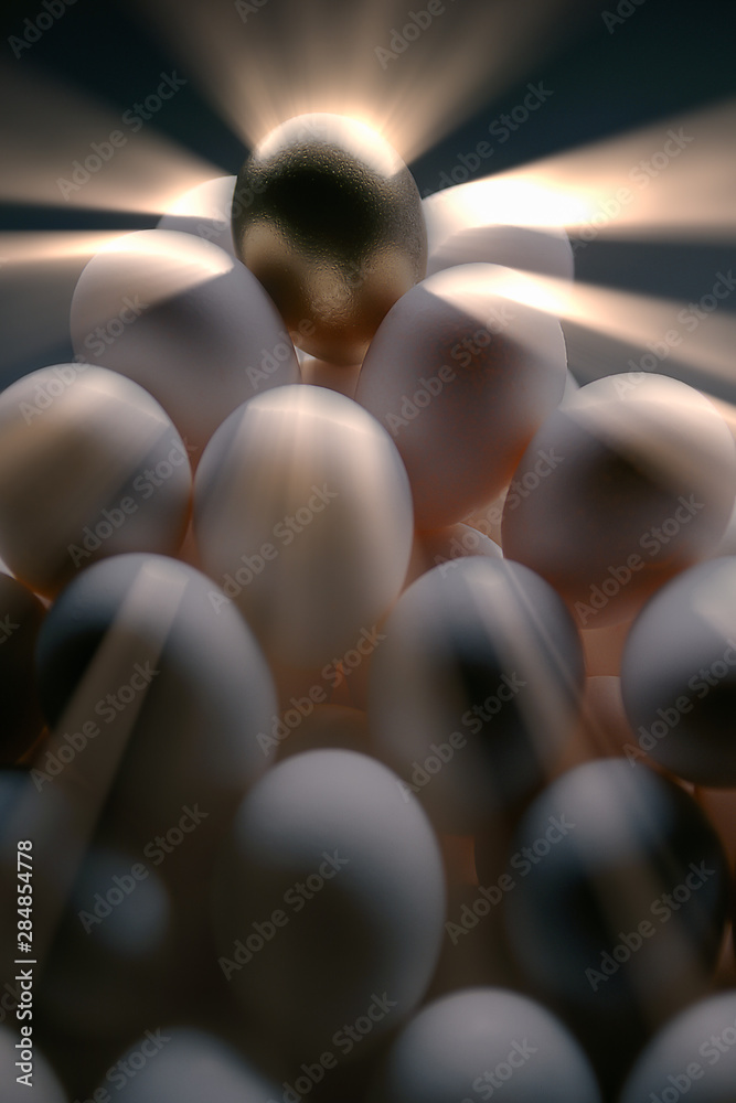 Obraz premium Single golden egg sitting on top of a pile of white eggs.
