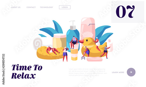 People in Bathroom Website Landing Page. Tiny Male and Female Characters Washing and Taking Bath among Huge Cosmetics Bottles Soap Shampoo Rubber Duck Web Page Banner. Cartoon Flat Vector Illustration
