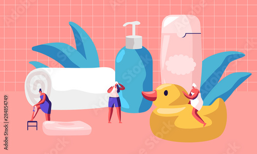 People in Bathroom Concept. Tiny Female Characters Wrapped in Towels Washing Taking Bath Depilate Legs among Huge Cosmetics Bottles Soap Shampoo Spa Hygiene Procedures Cartoon Flat Vector Illustration