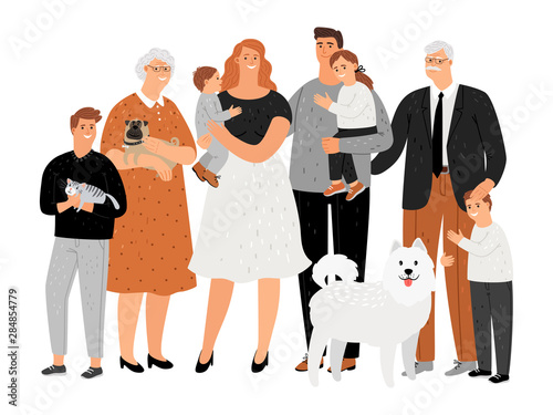 Cartoon family portrait vector illustration. Senior people grandparents grandfather and grandmother, adult father and mother, young son and daughter, cat and dog old happy together