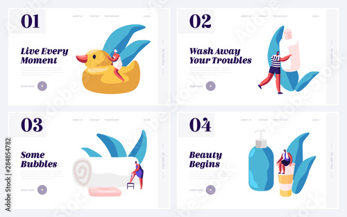 People in Bathroom Website Landing Page Set. People Washing and Taking Bath Using Cosmetics, Soap and Shampoo. Spa Hygiene Procedures Everyday Routine Web Page Banner. Cartoon Flat Vector Illustration