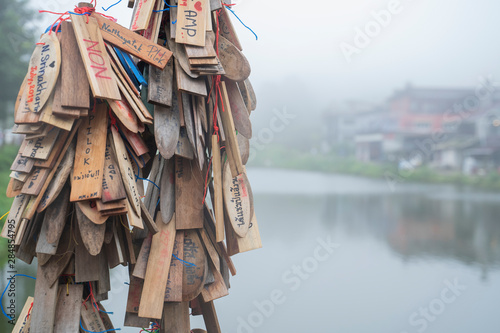 The Traditional wooden wishing plaques in pilok mine. It is one of the most visited where, kanjanaburi thailand.