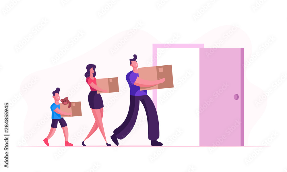 People Relocation, Happy Family Moving into New House. Mother, Father and Little Son Carry Boxes and Things to Home. People Buying Real Estate Apartments for Living Cartoon Flat Vector Illustration
