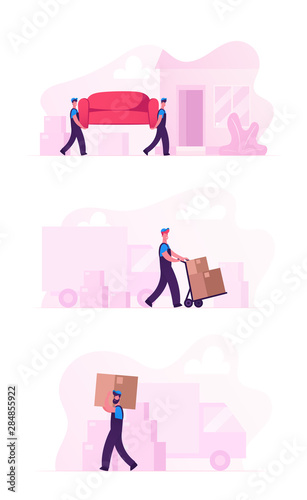 Relocation and Moving into New House Concept Set with Workers Carry Cardboard Boxes and Furniture Using Trolley and Truck. Professional Delivery Company Loader Service Cartoon Flat Vector Illustration