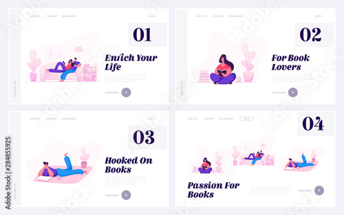 People Reading Books Website Landing Page. Male Female Characters Weekend Sparetime at Home Spend Leisure Time Read Books. Relaxing Hobby or Education Web Page Banner. Cartoon Flat Vector Illustration