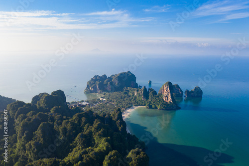 Aerial view of tropical island, turquoise lagoon and islands on horizon, Krabi, Railay, Thailand.Travelling and holiday concept.