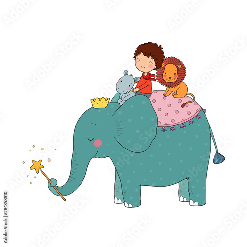 Cute cartoon Little boy and big elephant.