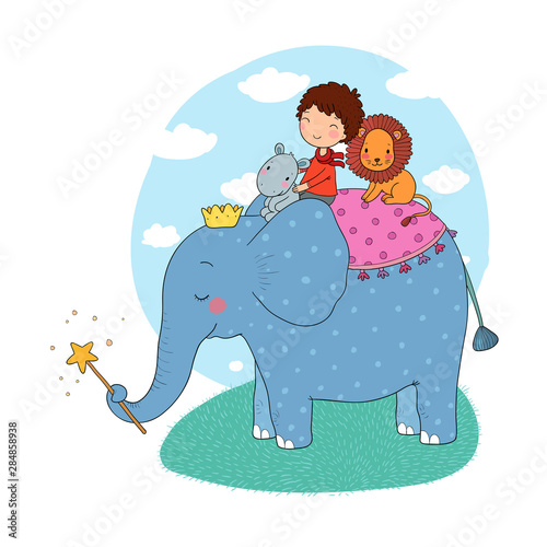 Cute cartoon Little boy and big elephant.