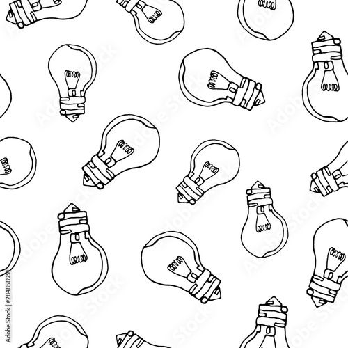 Seamless pattern of light bulbs. Contour drawing with one line. Black outline, white background. New idea. Design of paper, Wallpaper, covers for notebooks.