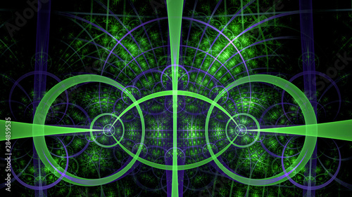 Fototapeta Naklejka Na Ścianę i Meble -  Abstract fractal background made out of intricate pattern of interconnected rings, arches and geometric patterns in glowing green,purple