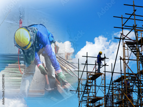 Construction workers working on scaffolding, Man Working on the Working at height with blue sky at construction site
