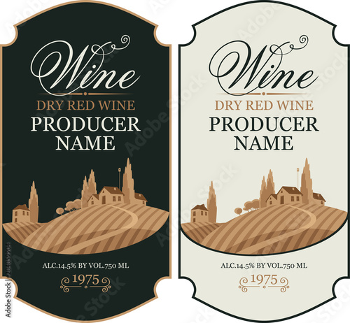 Set of two vector wine labels with calligraphic inscription and european rural landscape in figured frame in retro style