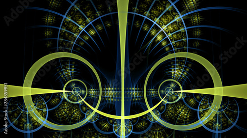 Fototapeta Naklejka Na Ścianę i Meble -  Abstract fractal background made out of intricate pattern of interconnected rings, arches and geometric patterns in glowing blue, green yellow