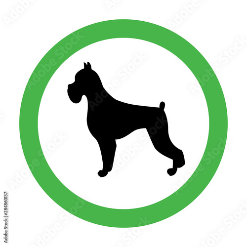 Animal friendly sign with black silhouette. Boxer. Dogs are welcome. Vector pet allowed illustration. Green circle