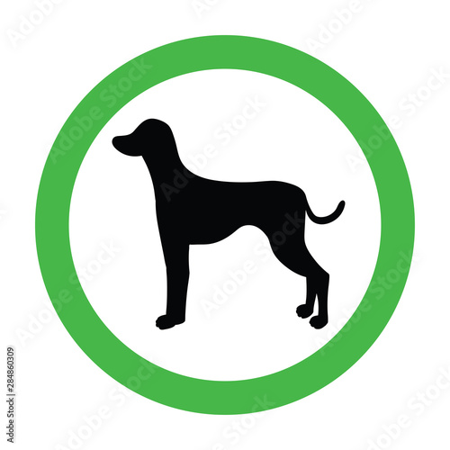 Animal friendly sign with black silhouette. Dalmatian. Dogs are welcome. Vector pet allowed illustration. Green circle