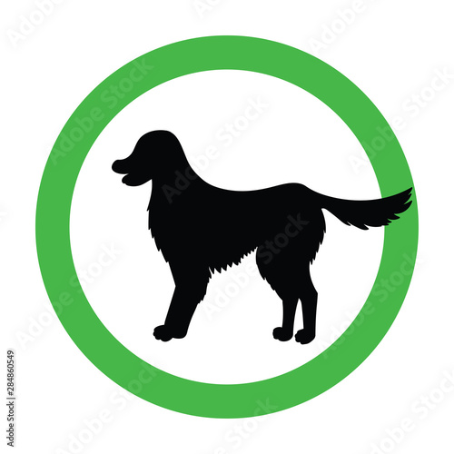 Animal friendly sign with black silhouette. Labrador  retriever. Dogs are welcome. Vector pet allowed illustration. Green circle