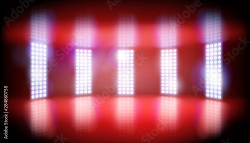 Show in a television studio. Lights on the stage. Red carpet. Vector illustration.