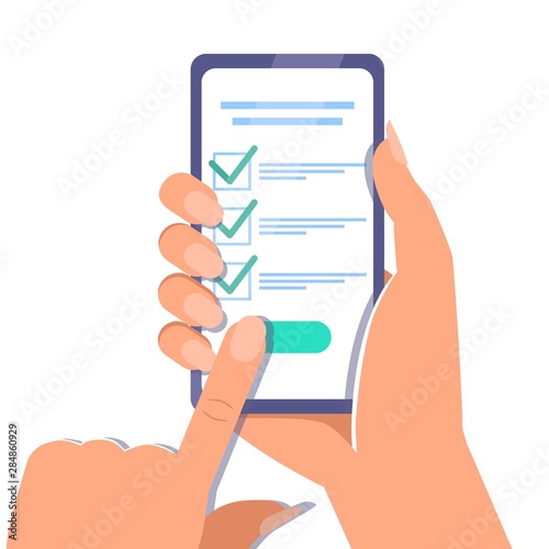 One hand holds smartphone and finger touch checklist on screen. Online survey concept. Checklist on tablet display, checkboxes with check mark. List of purchases, tasks, to do, wish list banner